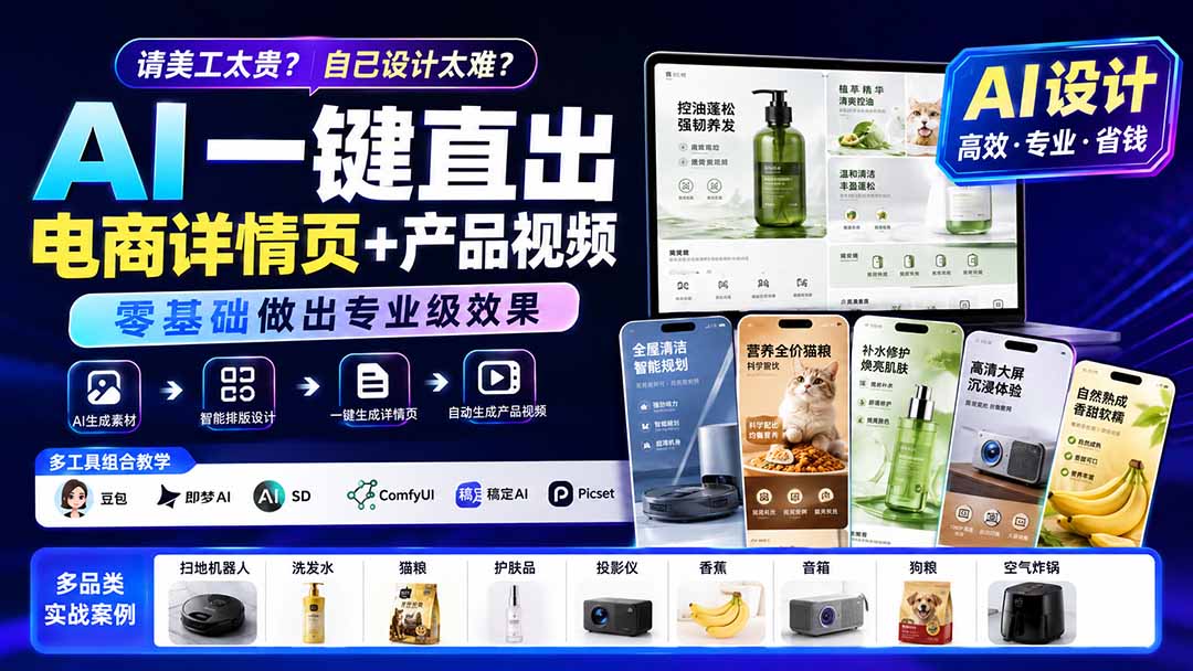 请美工太贵？自己设计太难？AI一键直出电商详情页+产品视频，零基础做出专业级效果 (更新0820-乐码云集