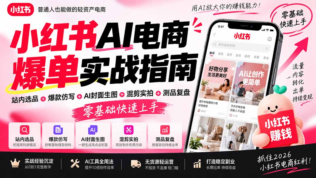 2026小红书AI电商爆单实战指南：站内选品+爆款仿写+AI封面生图+混剪实拍+测品复盘，零基础快速上手-乐码云集