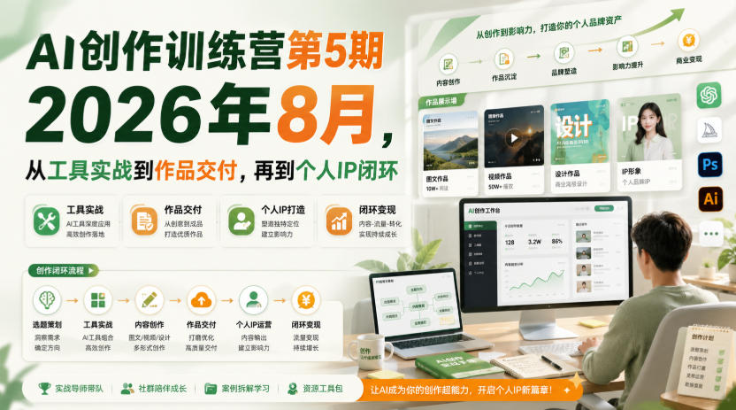 AI创作训练营第5期2026年8月,从工具实战到作品交付,再到个人IP闭环(更新0910)-乐码云集