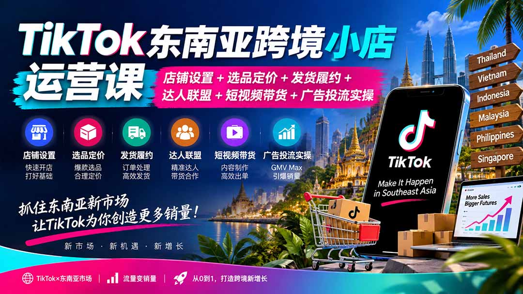 TikTok东南亚跨境小店运营课:店铺设置+选品定价+发货履约+达人联盟+短视频带货+广告投流实操-乐码云集