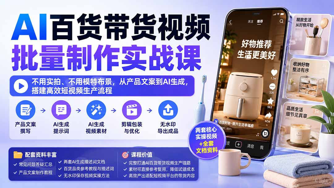 AI百货带货视频批量制作实战课：不用实拍、不用模特布景，从产品文案到AI生成，搭建高效短视频生产流程-乐码云集