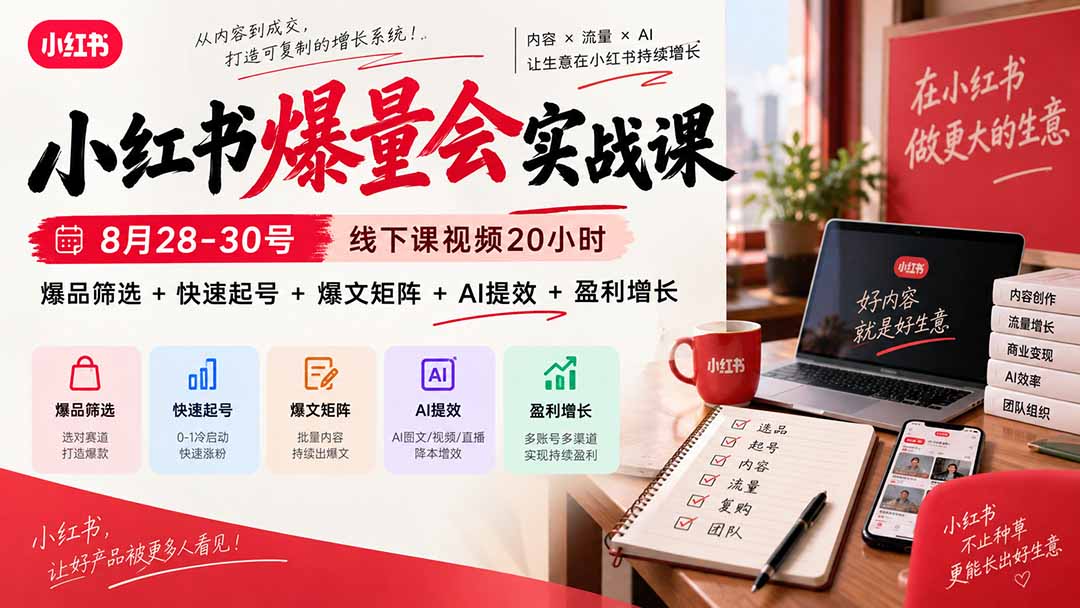 小红书爆量会实战课:8月28-30号线下课视频20小时,爆品筛选+快速起号+爆文矩阵+AI提效+盈利增长-乐码云集