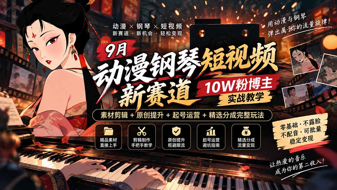 9月动漫钢琴短视频新赛道|10W粉博主实战教学,素材剪辑+原创提升+起号运营+精选分成完整玩法-乐码云集