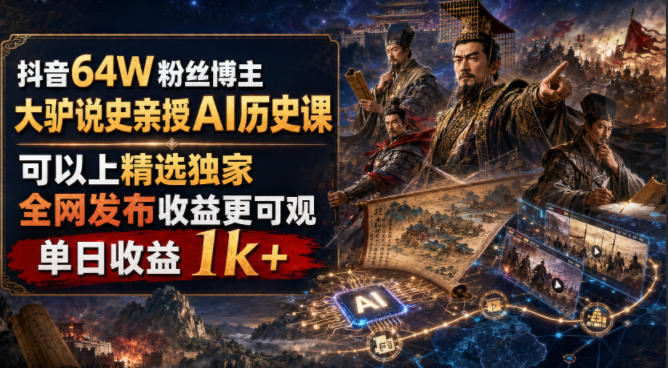 抖音64W粉丝博主大驴说史亲授AI历史课，可以上精选独家，全网发布收益更可观，单日收益1k+(更新)-乐码云集