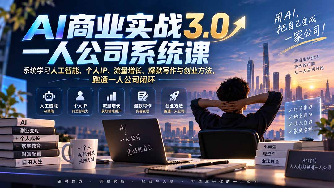 AI商业实战3.0一人公司系统课：系统学习人工智能、个人IP、流量增长、爆款写作与创业方法，跑通一人公司闭环-乐码云集