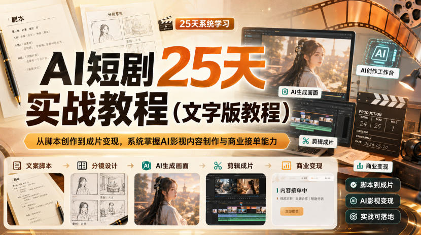 AI短剧25天实战教程(文字版教程),从脚本创作到成片变现,系统掌握AI影视内容制作与商业接单能力-乐码云集