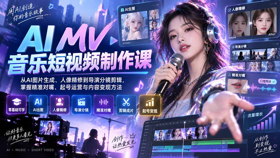 AI MV音乐短视频制作课：从AI图片生成、人像精修到导演分镜剪辑，掌握精准对嘴、起号运营与内容变现方法-乐码云集
