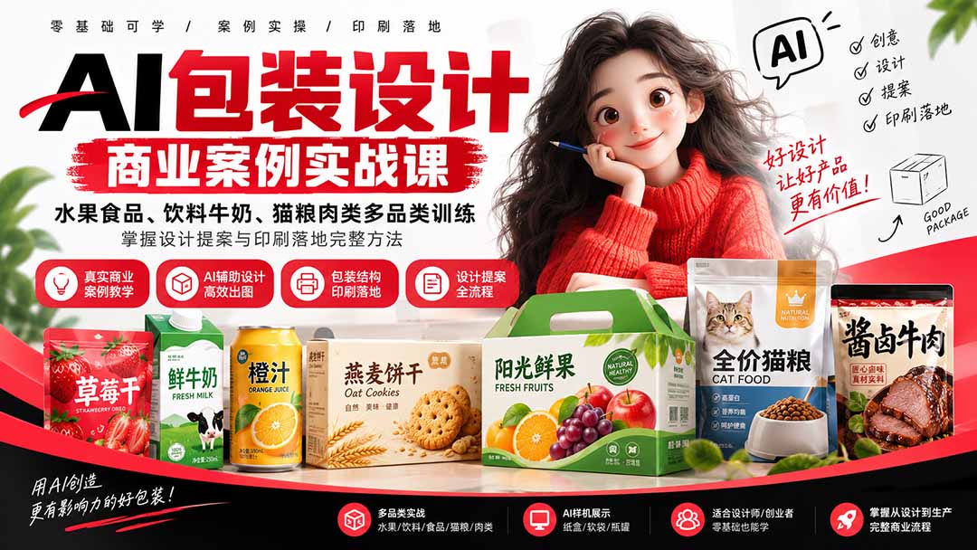 AI包装设计商业案例实战课：水果食品、饮料牛奶、猫粮肉类多品类训练，掌握设计提案与印刷落地完整方法-乐码云集