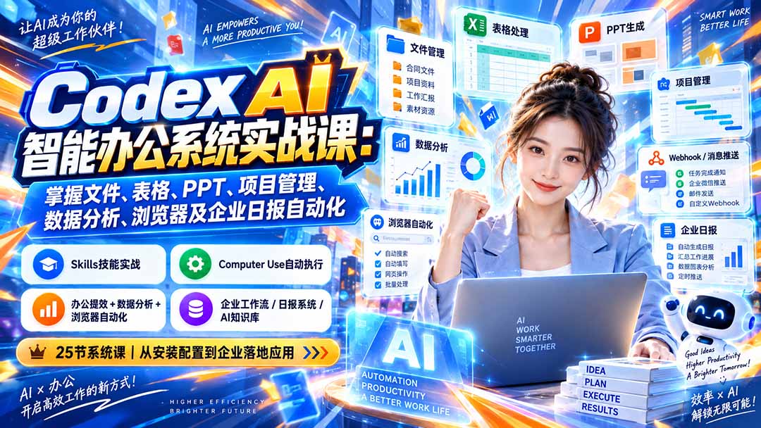 Codex AI智能办公系统实战课：掌握文件、表格、PPT、项目管理、数据分析、浏览器及企业日报自动化-乐码云集