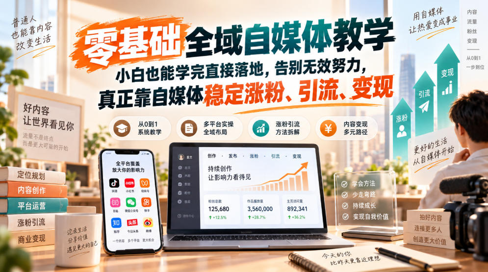 零基础全域自媒体教学，小白也能学完直接落地，告别无效努力，真正靠自媒体稳定涨粉、引流、变现-乐码云集