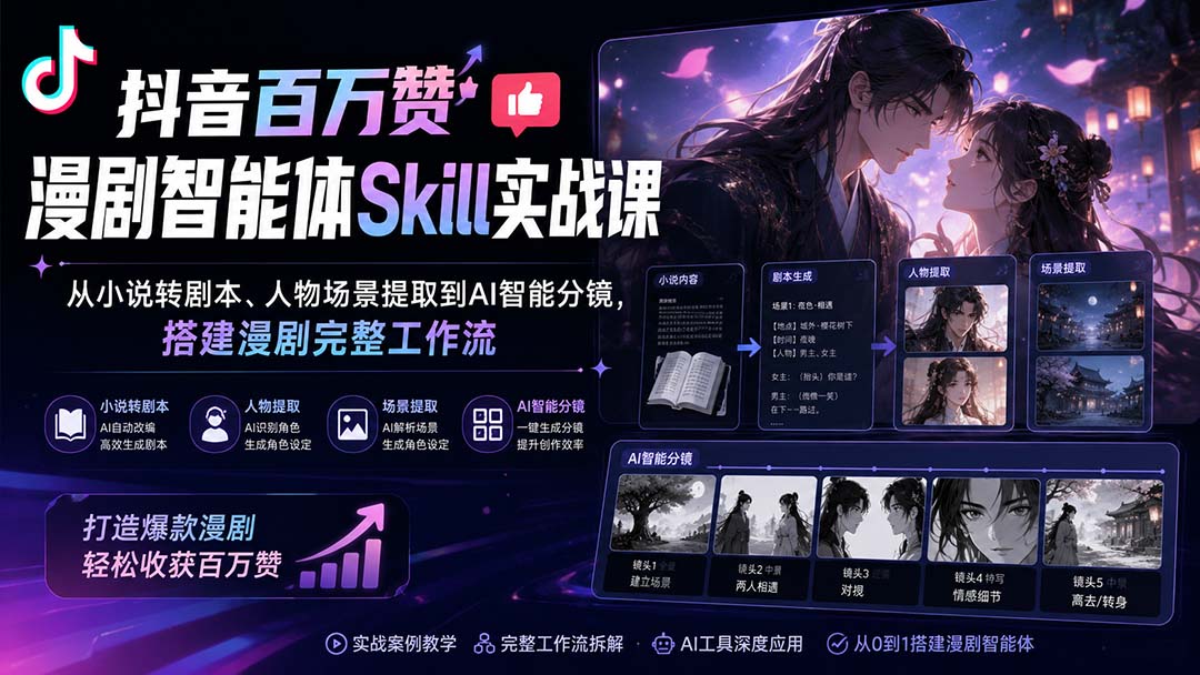 抖音百万赞漫剧智能体Skill实战课：从小说转剧本、人物场景提取到AI智能分镜，搭建漫剧完整工作流-乐码云集