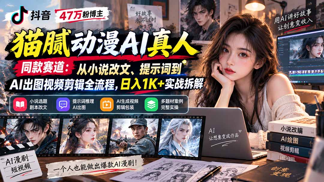 抖音47万粉博主猫腻动漫AI真人同款赛道：从小说改文、提示词到AI出图视频剪辑全流程，日入1K+实战拆解-乐码云集