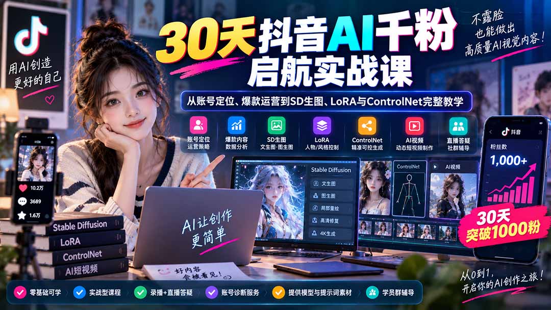 30天抖音AI千粉启航实战课：从账号定位、爆款运营到SD生图、LoRA与ControlNet完整教学-乐码云集