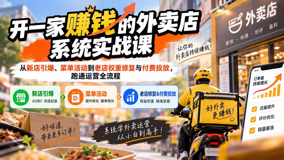 开一家赚钱的外卖店系统实战课：从新店引爆、菜单活动到老店权重修复与付费投放，跑通运营全流程-乐码云集