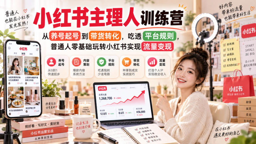 小红书主理人训练营，从养号起号到带货转化，吃透平台规则，普通人零基础玩转小红书实现流量变现-乐码云集