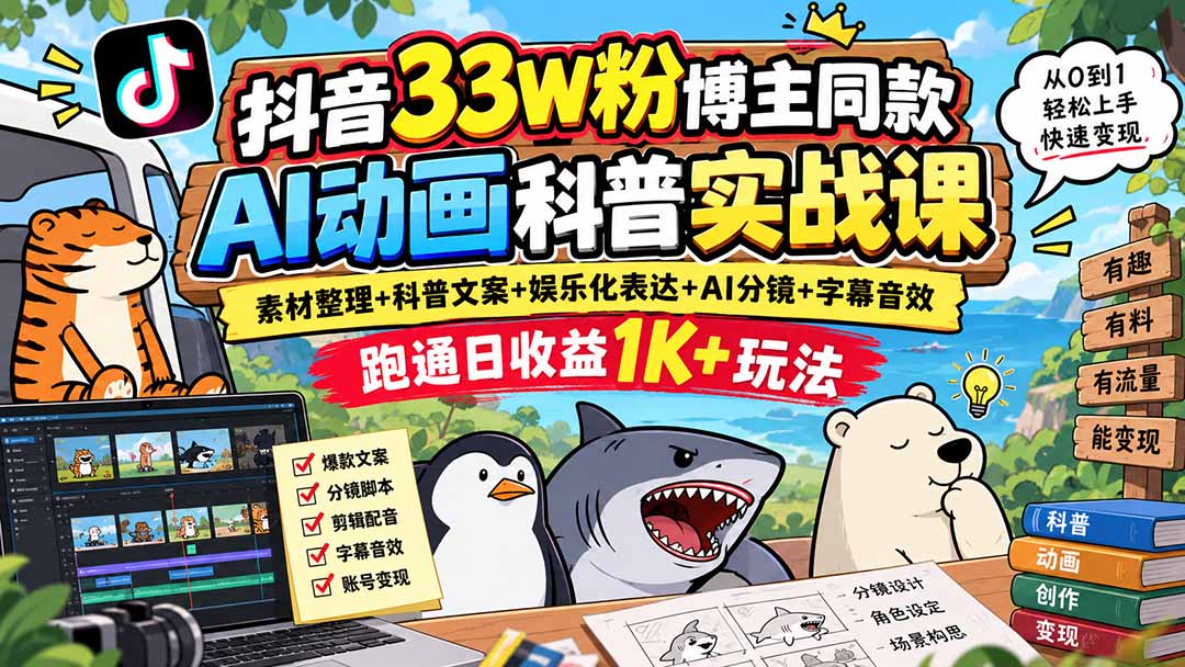 抖音33W粉博主同款AI动画科普实战课｜素材整理+科普文案+娱乐化表达+AI分镜+字幕音效，跑通日收益1K+玩法-乐码云集