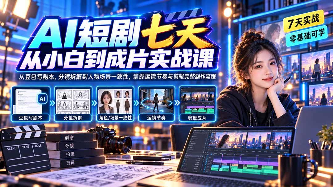 AI短剧七天从小白到成片实战课：从豆包写剧本、分镜拆解到人物场景一致性，掌握运镜节奏与剪辑完整制作流程-乐码云集