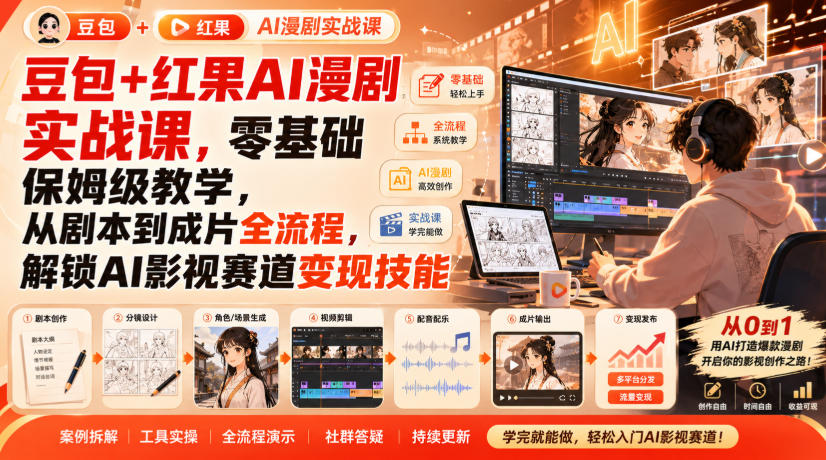 豆包+红果AI漫剧实战课，零基础保姆级教学，从剧本到成片全流程，解锁AI影视赛道变现技能-乐码云集