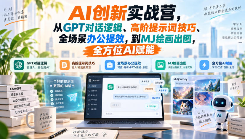 AI创新实战营,从GPT对话逻辑、高阶提示词技巧、全场景办公提效,到MJ绘画出图,全方位AI赋能-乐码云集