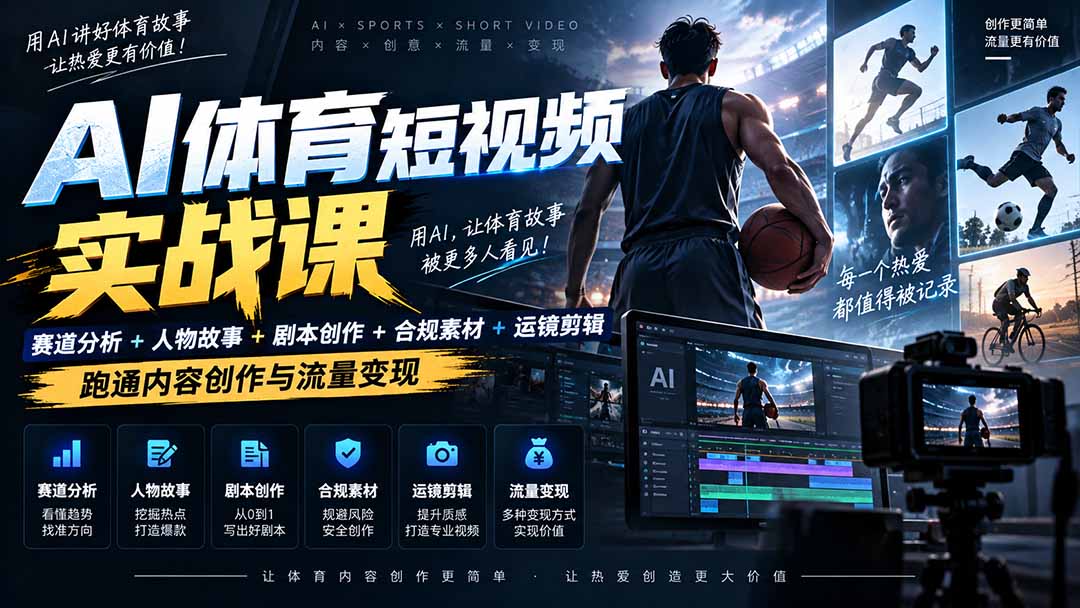 AI体育短视频赛道顶级玩法｜赛道分析+人物故事+剧本创作+版权处理+运镜剪辑，跑通流量变现-日赚1K+-乐码云集