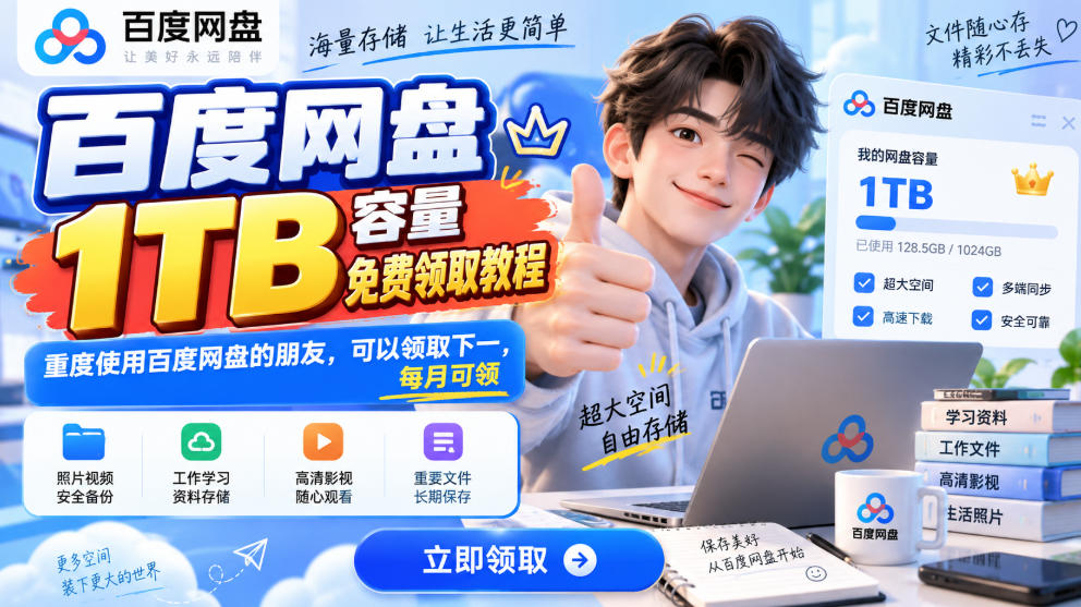 百度网盘1TB容量免费领取教程，重度使用百度网盘的朋友，可以领取下一，每月可领-乐码云集