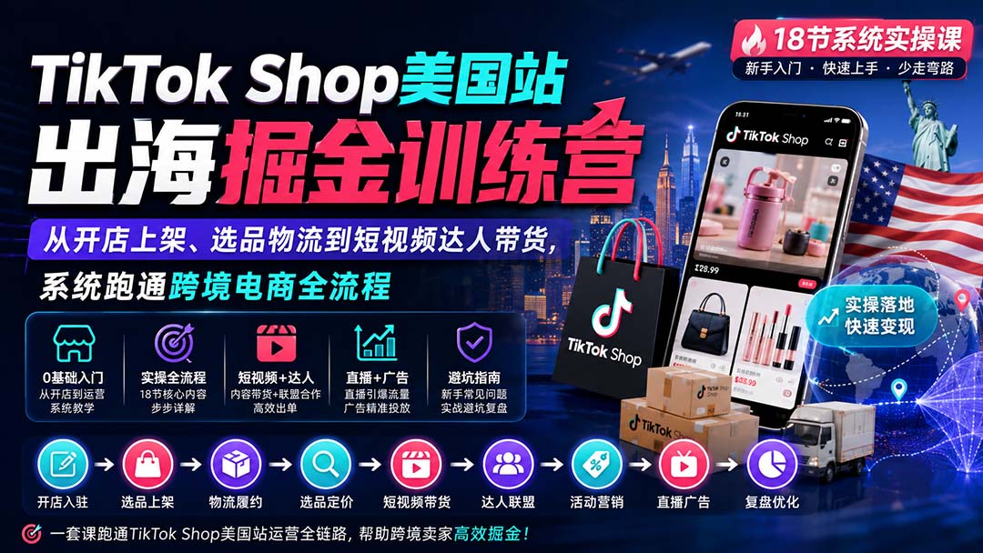 TikTok Shop美国站出海掘金训练营：从开店上架、选品物流到短视频达人带货，系统跑通跨境电商全流程-乐码云集