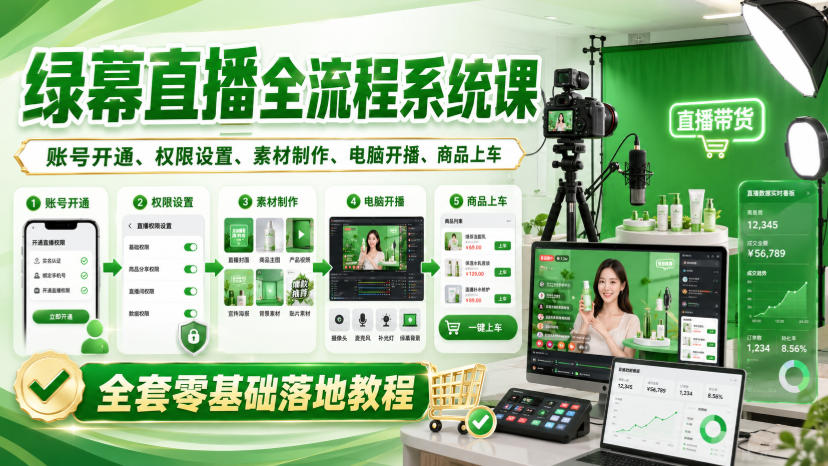 绿幕直播全流程系统课,账号开通、权限设置、素材制作、电脑开播、商品上车全套零基础落地教程-乐码云集