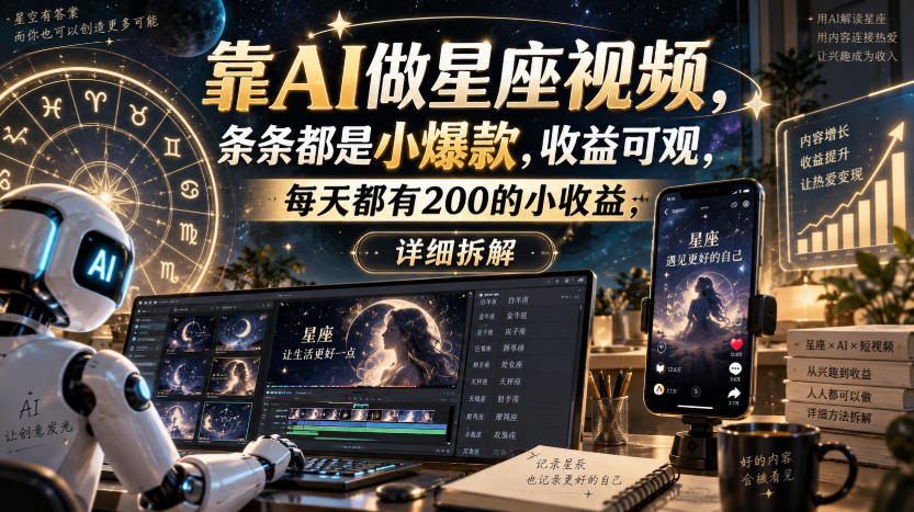 靠AI做星座视频,条条都是小爆款,收益可观,每天都有200的小收益,详细拆解-乐码云集
