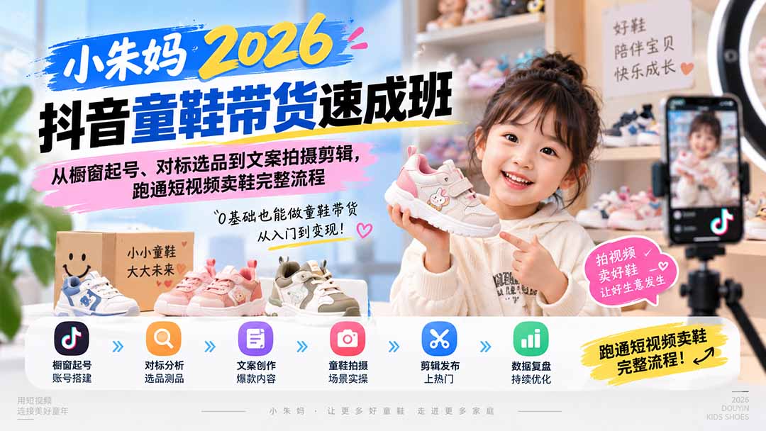 小朱妈2026抖音童鞋带货速成班：从橱窗起号、对标选品到文案拍摄剪辑，跑通短视频卖鞋完整流程-乐码云集