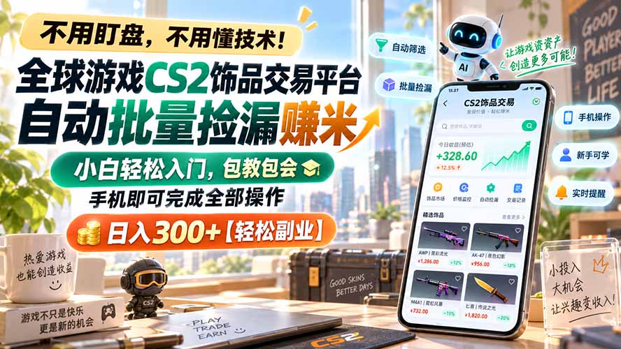 全球游戏CS2饰品交易平台自动批量捡漏赚米,小白轻松入门,包教包会,手机即可完成全部操作,日入300+【轻松副业】-乐码云集