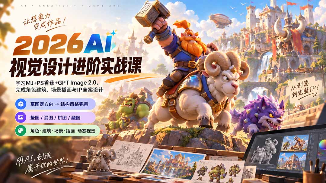 2026AI视觉设计进阶实战课-更新：学习MJ+PS香蕉+GPT Image 2.0，完成角色建筑、场景插画与IP全案设计-乐码云集