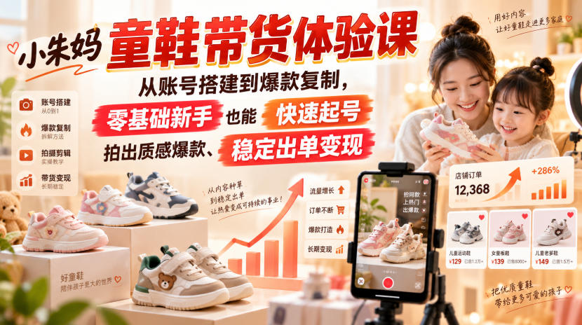 小朱妈童鞋带货体验课，从账号搭建到爆款复制，零基础新手也能快速起号、拍出质感爆款、稳定出单变现-乐码云集