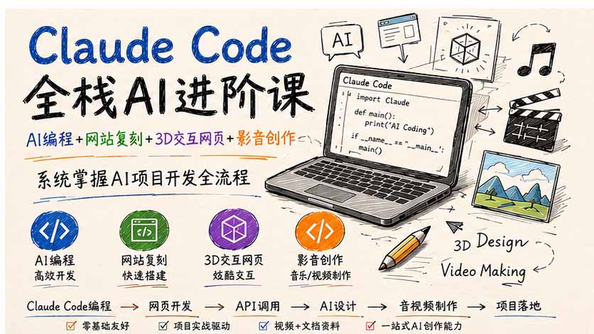 Claude Code全栈AI进阶课-更新；AI编程+网站复刻+3D交互网页+影音创作，系统掌握AI项目开发全流程-乐码云集