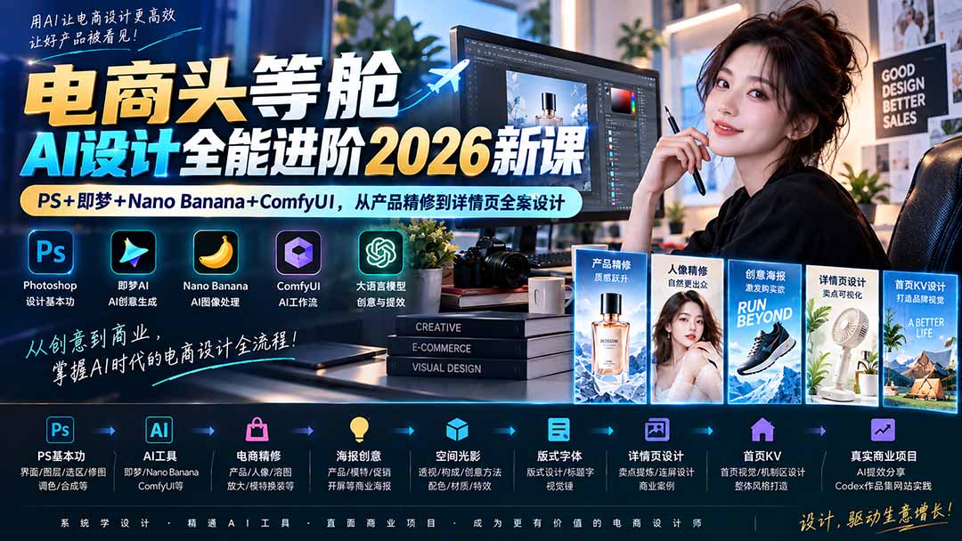电商头等舱AI设计全能进阶2026新课:PS+即梦+Nano Banana+ComfyUI,从产品精修到详情页全案设计-乐码云集