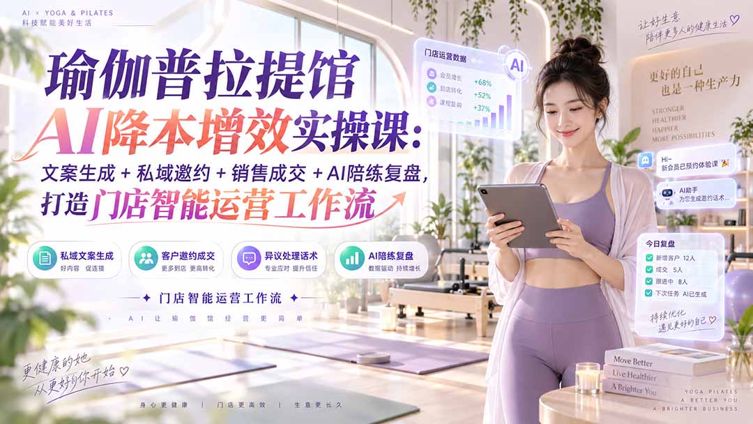 瑜伽普拉提馆AI降本增效实操课：文案生成+私域邀约+销售成交+AI陪练复盘，打造门店智能运营工作流-乐码云集