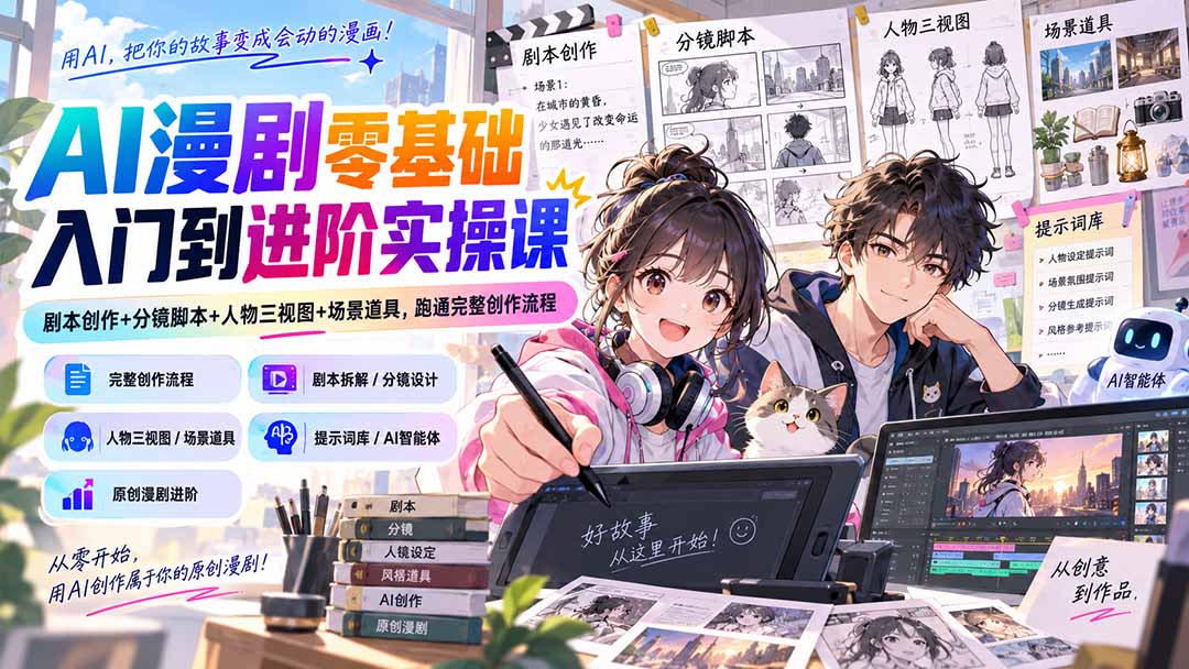 AI漫剧零基础入门到进阶实操课：剧本创作+分镜脚本+人物三视图+场景道具，跑通完整创作流程-乐码云集