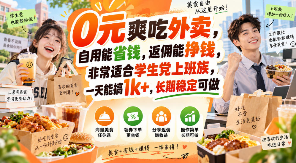 0元爽吃外卖，自用能省钱，返佣能挣钱，非常适合学生党上班族，一天能搞1k+，长期稳定可做-乐码云集