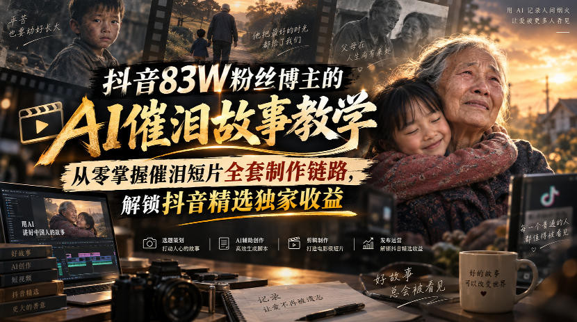抖音83W粉丝博主的AI催泪故事教学，从零掌握催泪短片全套制作链路，解锁抖音精选独家收益-乐码云集