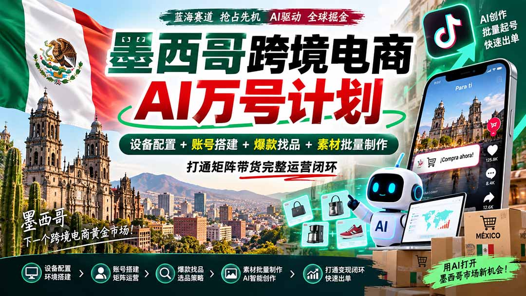 墨西哥AI跨境电商万号计划|设备配置+账号搭建+爆款找品+素材批量制作,打通矩阵带货完整运营闭环-乐码云集