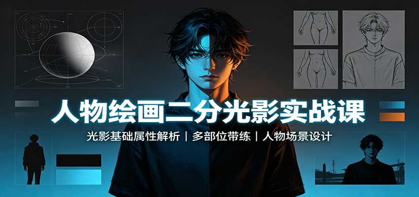 人物绘画二分光影实战课:光影基础属性解析,多部位带练,人物场景设计-乐码云集