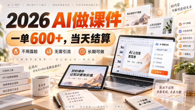 2026 AI做课件，一单600+，当天结算，不用露脸，无需引流，长期可做【揭秘】-乐码云集