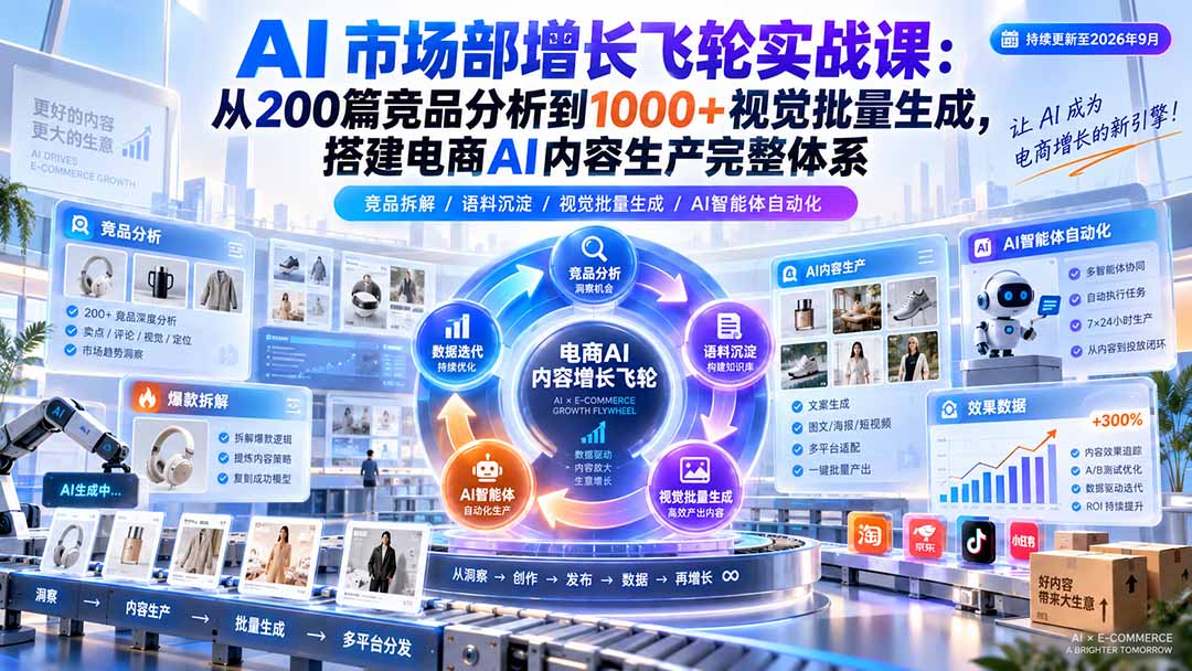 AI 市场部增长飞轮实战课：从200篇竞品分析到1000+视觉批量生成，搭建电商AI内容生产完整体系-乐码云集