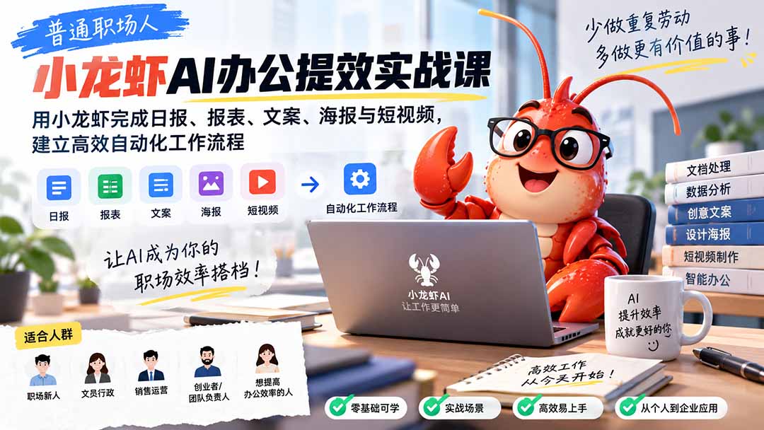 普通职场人AI办公提效实战课：用小龙虾完成日报、报表、文案、海报与短视频，建立高效自动化工作流程-乐码云集