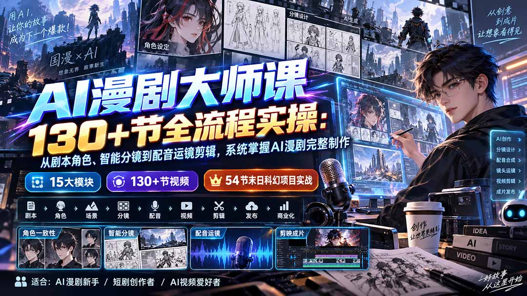 AI漫剧大师课130+节全流程实操：从剧本角色、智能分镜到配音运镜剪辑，系统掌握AI漫剧完整制作-乐码云集