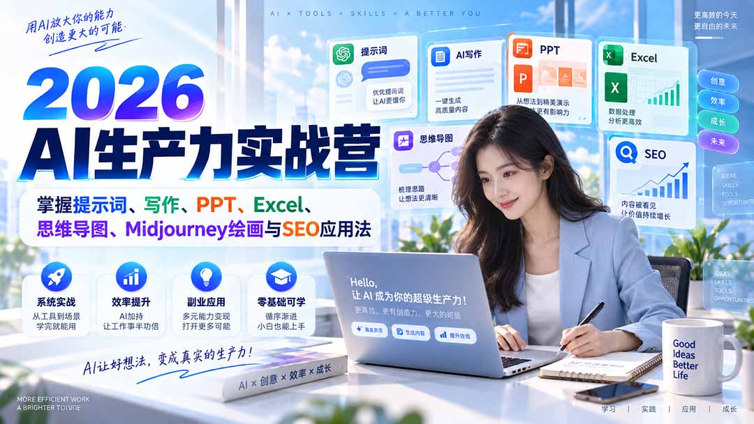 2026AI生产力实战营:掌握提示词、写作、PPT、Excel、思维导图、Midjourney绘画与SEO应用法-乐码云集