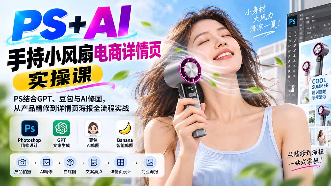 PS+AI手持小风扇电商详情页实操课:PS结合GPT、豆包与AI修图,从产品精修到详情页海报全流程实战-乐码云集