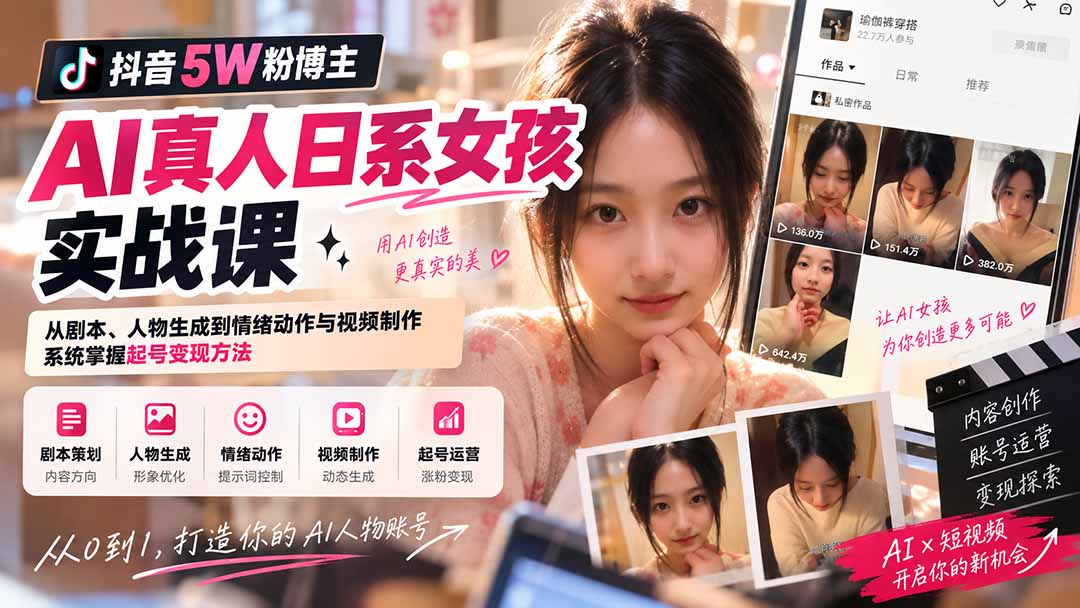 抖音5W粉博主AI真人日系女孩实战课：从剧本、人物生成到情绪动作与视频制作，系统掌握起号变现方法-乐码云集