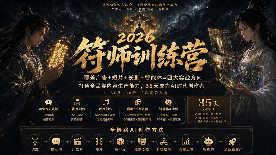 符师训练营-35天成为AI时代创作者，广告+短片+漫剧+智能体四大实战方向，掌握从创意到上线的完整工作流-乐码云集