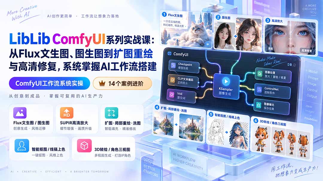 LibLib ComfyUI系列实战课：从Flux文生图、图生图到扩图重绘与高清修复，系统掌握AI工作流搭建-乐码云集