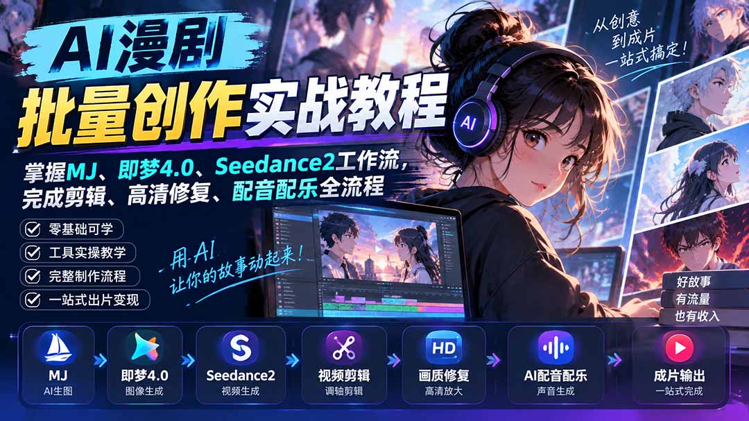 AI漫剧批量创作实战教程：掌握MJ、即梦4.0、Seedance2工作流，完成剪辑、高清修复、配音配乐全流程-乐码云集